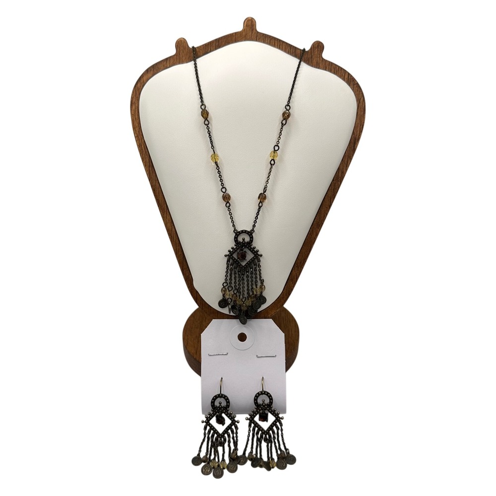 VTG Boho Bronze Chandelier Coin Fringe Necklace Earrings Jewelry Set Gothic